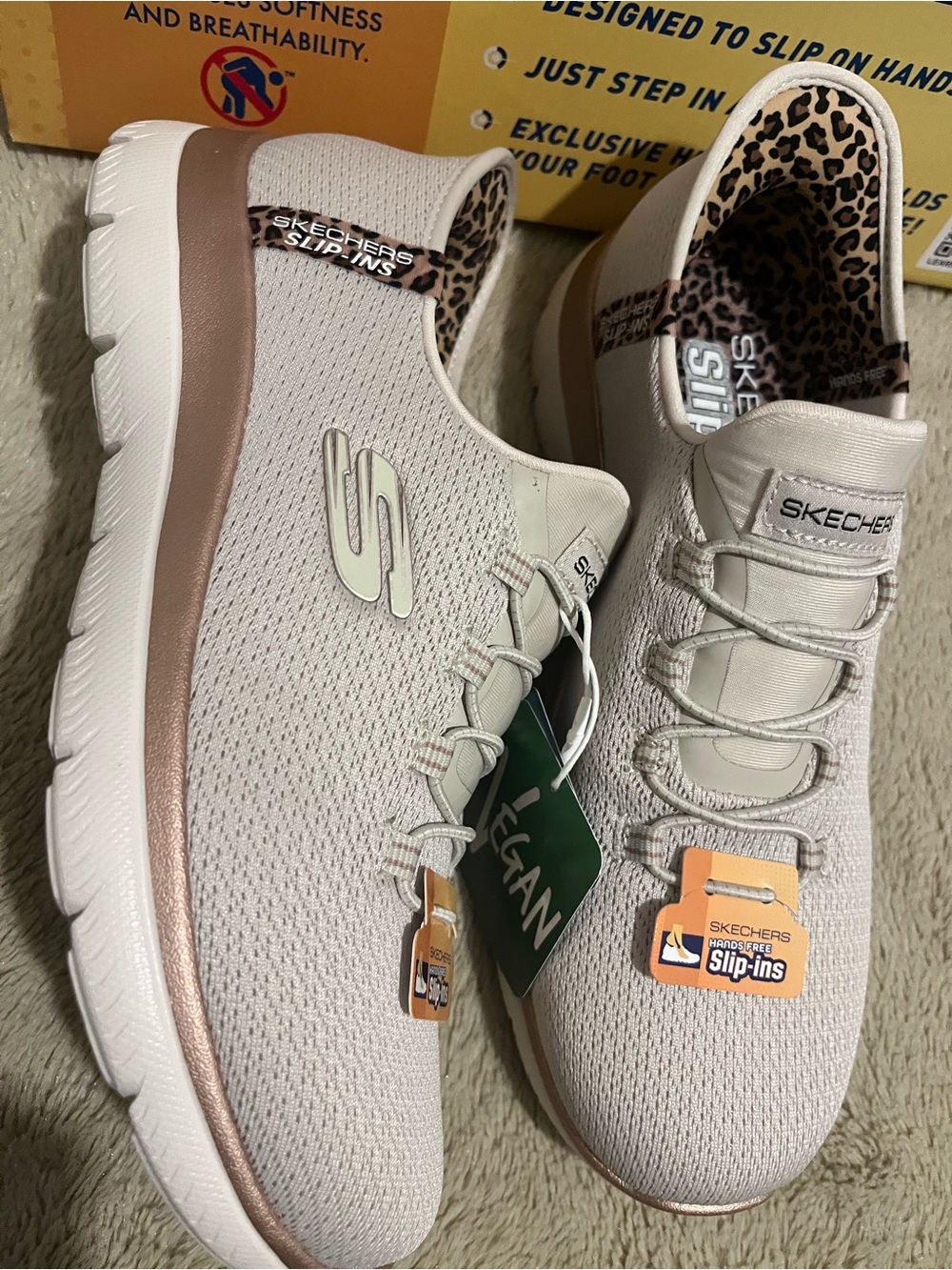 Skechers Women's Light Beige Knit Slip-Ins with Rose Gold Trim